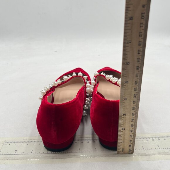 XYD Red Pointed Toe Velvet Flats Pearl Strap Beaded Mary Jane Stylish Retro Shoe - Picture 5 of 8